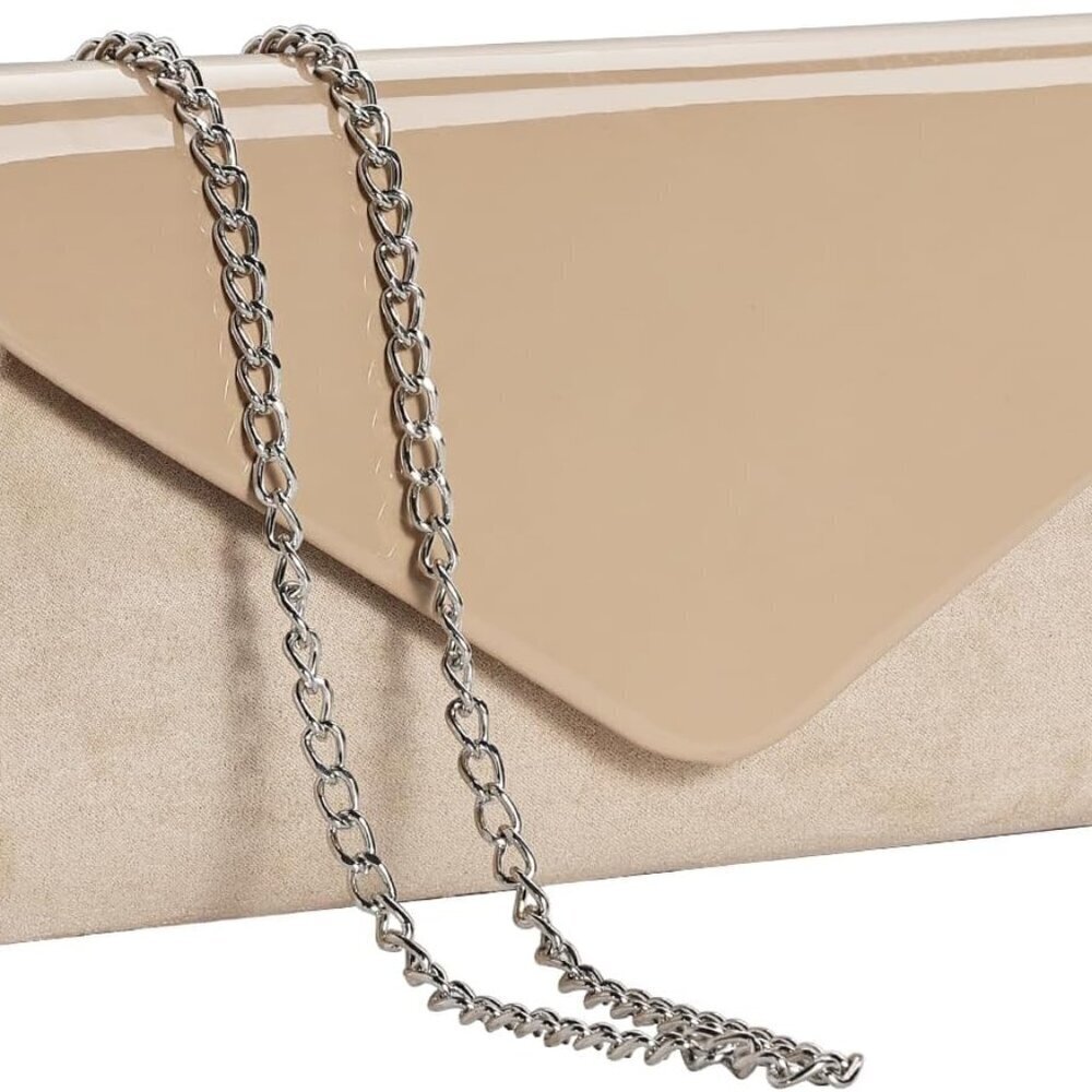 Patent Leather Clutch Purse Evening Bag Handbag with Chain Khaki
